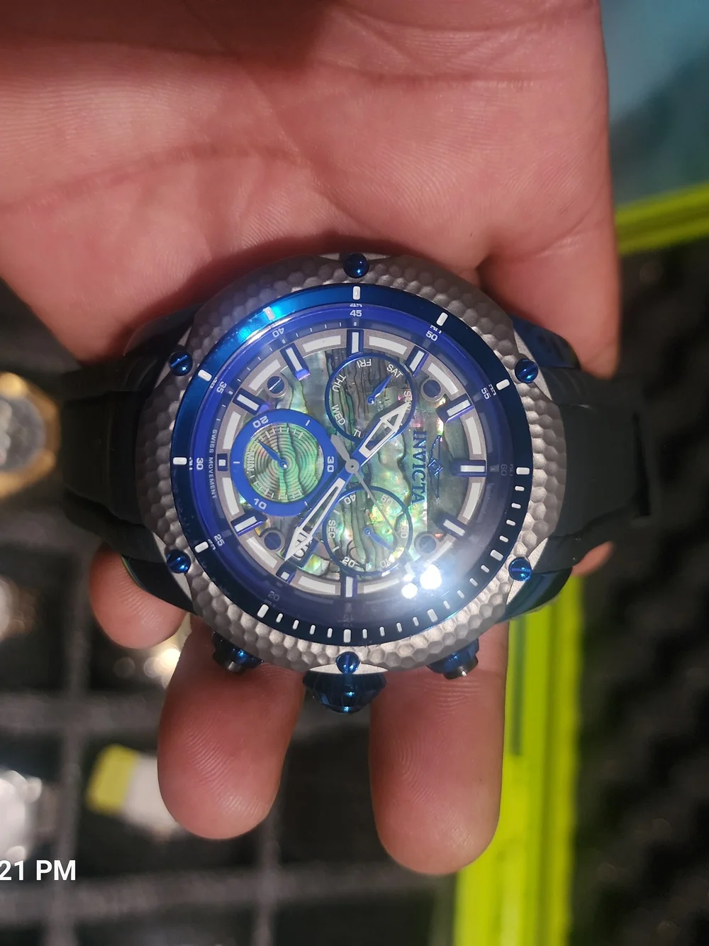 Invicta Blue and Black Men's Chronograph Watch with Iridescent Abalone Dial
